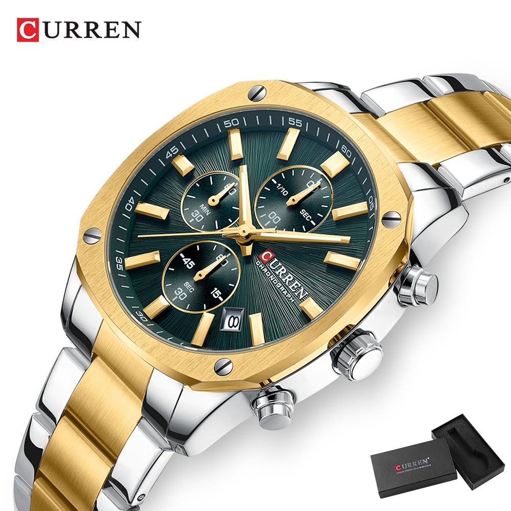 Relógio Masculino CURREN Marca Autêntica Cronógrafo com mostrador metálico azul escuro e detalhes em prata, pulseira de aço inoxidável, exibido em um pulso masculino, destacando sua elegância e funcionalidade para ambientes de negócios e moda em 2026.