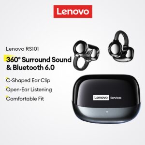 Fones de Ouvido Bluetooth Lenovo RS101 E Sem Fio Com Clipe Aberto Som Surround De 360 Graus Design Em Forma De C 6.0 plu