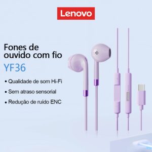 Fone de Ouvido Lenovo YF36 Com Fio HiFi Isolamento Acústico