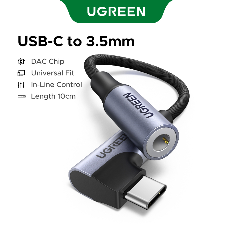 Adaptador USB-C para 3.5mm UGREEN Hi-Fi DAC 96kHz/24bit 1 Cabo Adaptador De Áudio UGREEN Hi-FIi USB-C Para 3.5 Mm (90 ° Plugue Angular)-DAC De 96 Khz/24bit , Liga De Alumínio + T