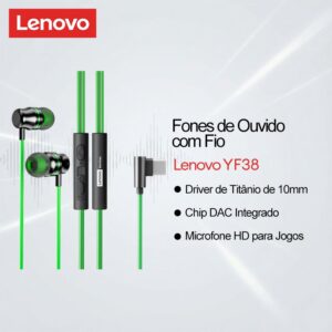Lenovo YF38 Wired Earphones and In-Ear Gaming Headphones com Driver 10mm Chip DAC e Microfone HD