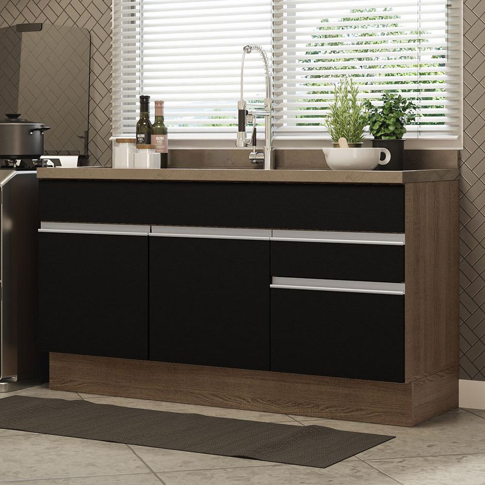 Balc?o de Cozinha 150cm Glamy Madesa 2 Portas e 2 Gavetas 1 Balcão Gabinete de Pia Cozinha 150 cm 2 Gavetas 2 Portas (Sem Tampo e Pia) Rustic/Preto Glamy Madesa