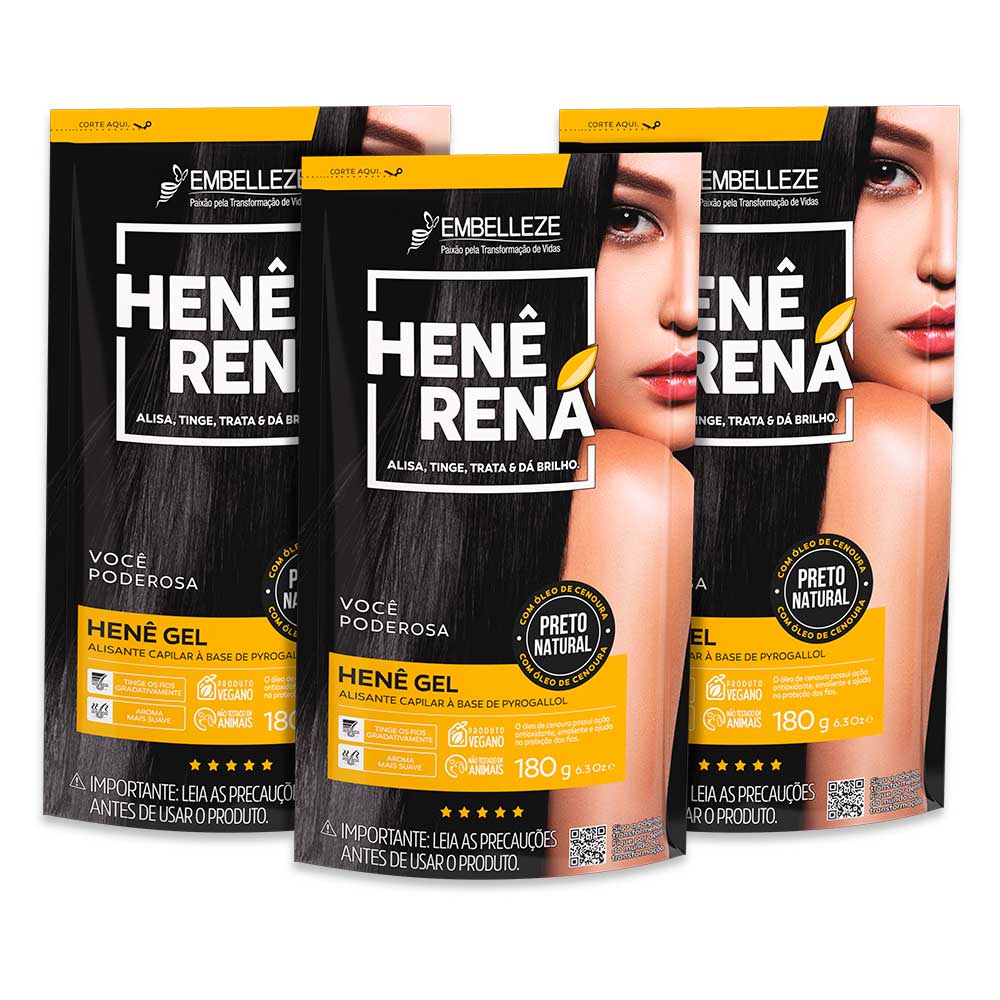 Kit 3 Hen? Ren? Preto Natural - Liso, Cor e Brilho 1 KIT 3 HENÊ RENÁ PRETO NATURAL
