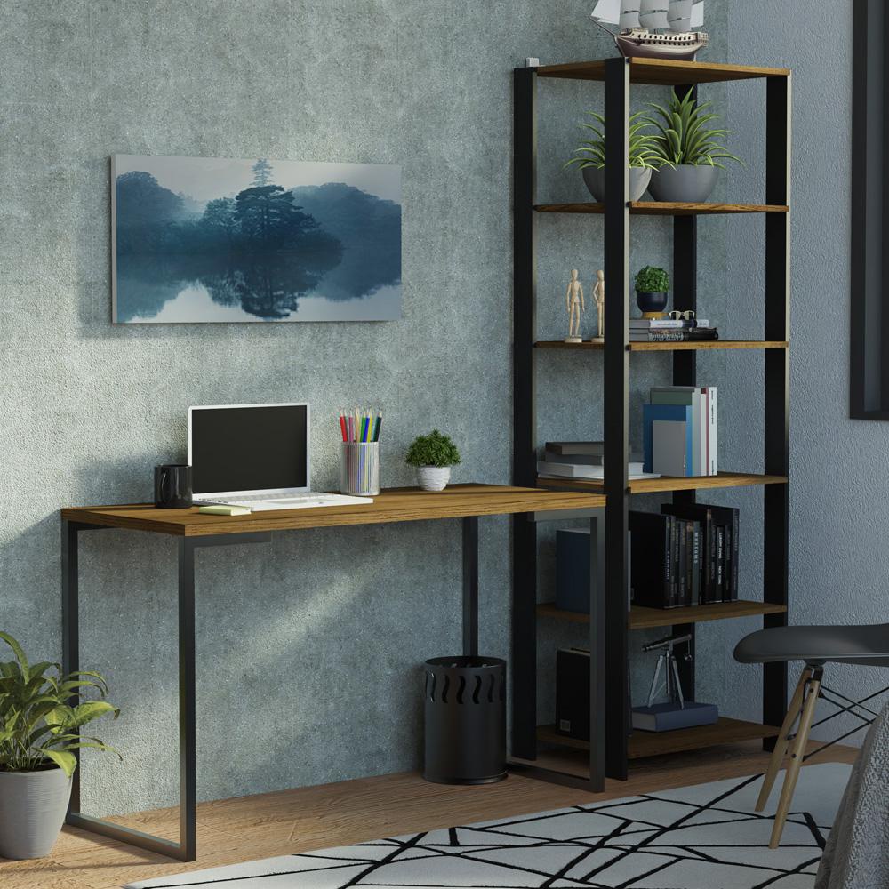 Conjunto Home Office Madesa: Mesa Industrial e Estante 1 Conjunto Escritório Home Office com Mesa Industrial + Estante Preto/Rustic Madesa