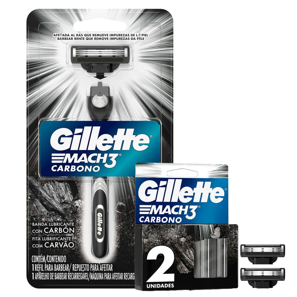Gillete Mach3 Carbono: Barbear Refinado, Carga Dupla 1 Kit Aparelho de Barbear Gillete Mach3 Carbono + Carga Gillete Mach3 Carbono 2 Unidades