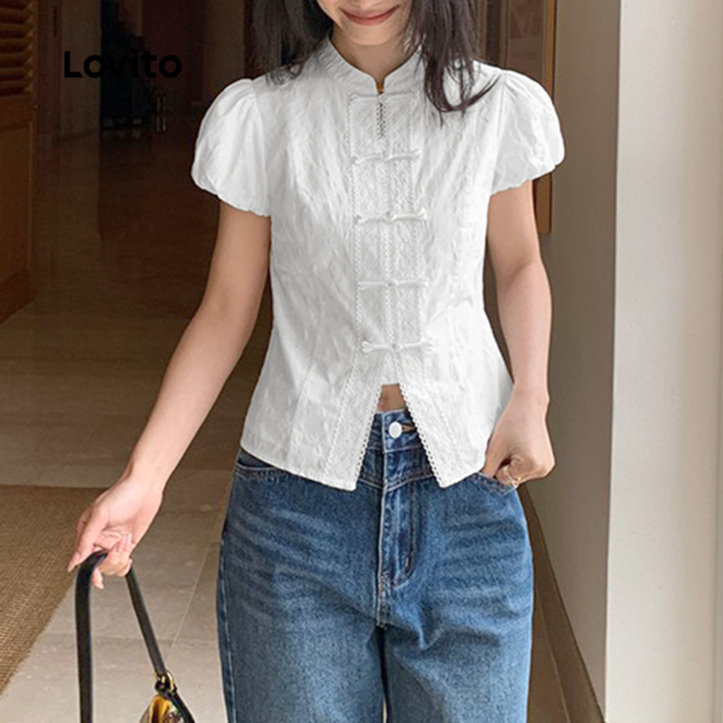 Blusa Feminina Elegante com Bot?es Lovito - Ver?o e Primavera 1 (Trendy) Lovito Blusa Elegante Botão Blusa Verão/Primavera Para Mulheres L125AD369
