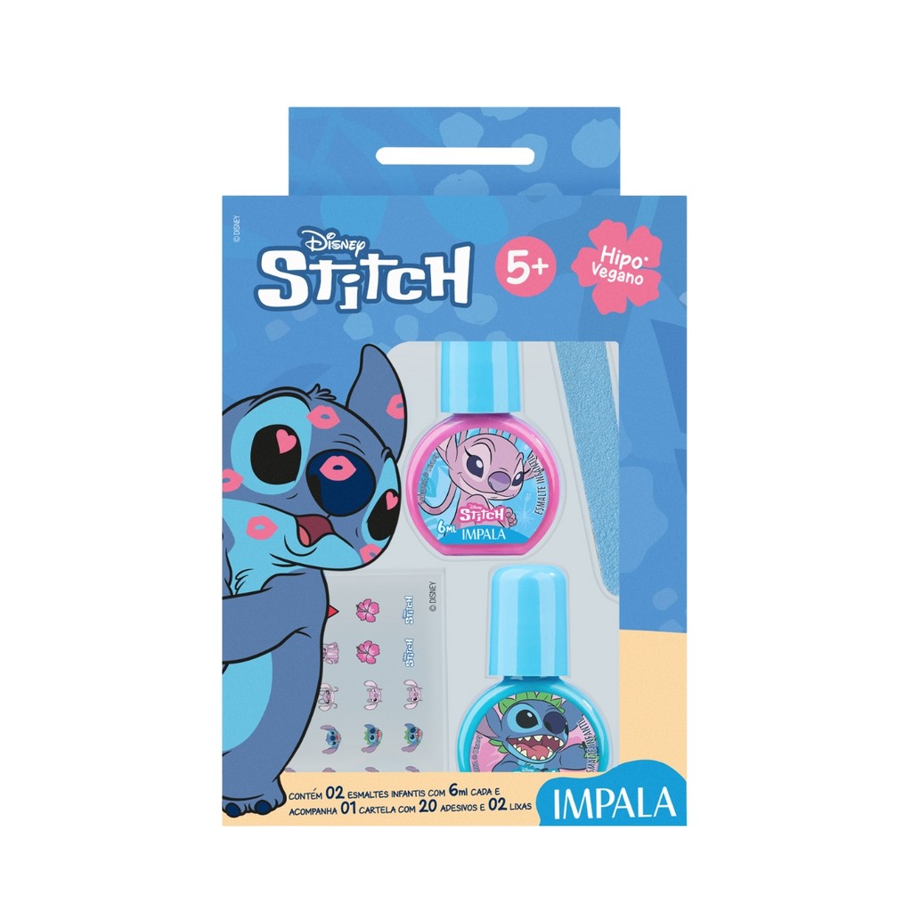 Kit Esmalte Impala Stitch Infantil - 2 Esmaltes + Lixa + Adesivos 1 Kit 2 Esmaltes Impala + Lixa E Adesivo Stitch Unha Infantil