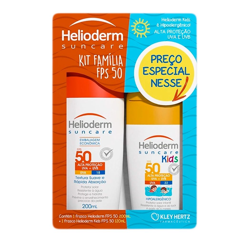 Kit Protetor Solar Fam?lia FPS 50 - Adulto e Infantil 1 Kit Protetor Solar Família Helioderm Corporal Adulto FPS 50 200ml + Infantil Hipoalergênico FPS 50 120ml