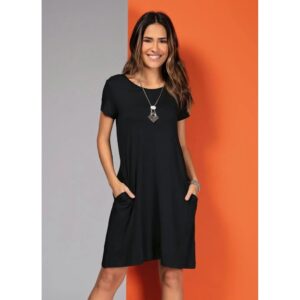 Vestido Com Bolsos E Mangas Curtas Preto Quintess
