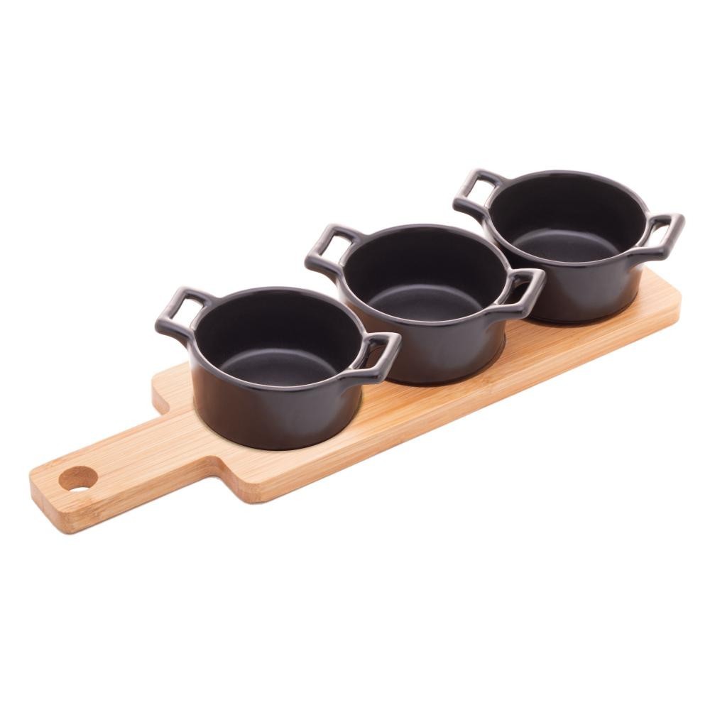 Conjunto Bandeja Bambu e 3 Petisqueiras Porcelana Wolff Preta 1 Bandeja com 3 Petisqueiras Wolff Porcelana Preta Servir Entradas e Snacks