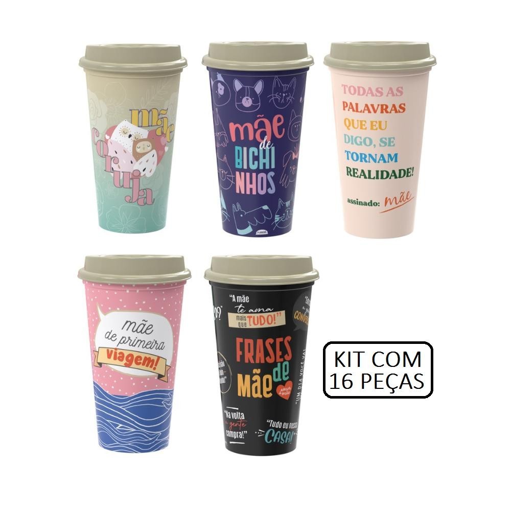 Kit 16 Copos Dia das Mães Plasútil 500ml com Tampa 1 Kit Copos Dia das Mães Presente Brinde Lembrancinha 16 Peças Plasútil