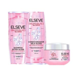 Kit Elseve L'Oréal Paris Glycolic Gloss - Shampoo, Condicionador e Tratamento Antiporosidade para Cabelos Lisos e Brilha