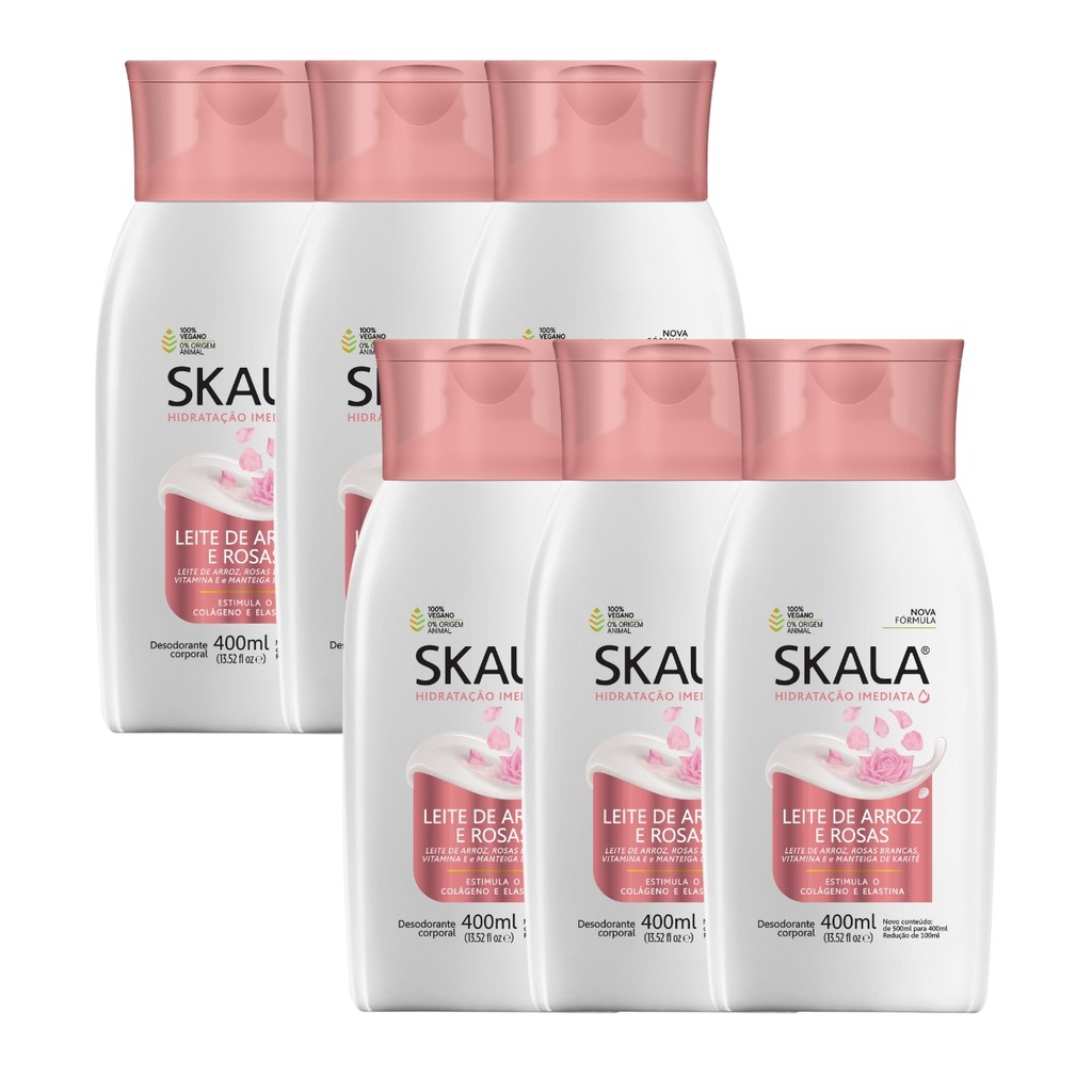 Kit 6 Hidratante Corporal Skala Arroz e Rosas 400ml 1 Kit 6 Loção Creme Hidratante Corporal Arroz E Rosas Skala