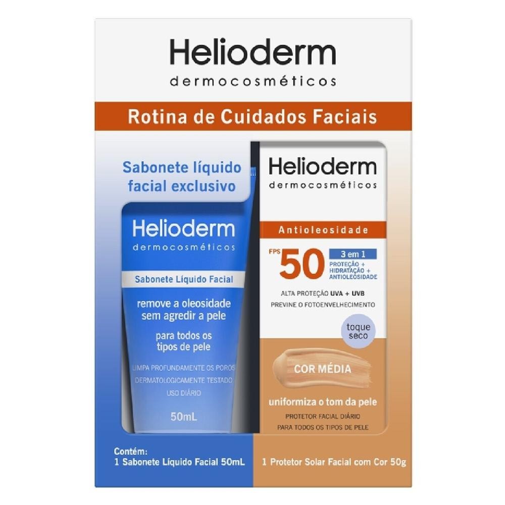 Kit Sabonete Liquido Facial Helioderm 50ml + Protetor Solar Facial FPS50 Cor Media 50g 1 Kit Sabonete Liquido Facial Helioderm 50ml + Protetor Solar Facial FPS50 Cor Media 50g