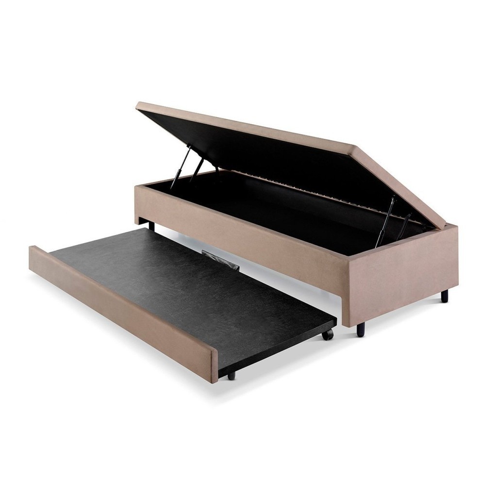 Bicama Solteiro com Ba? 88x188cm em Suede Bege 1 Bicama Solteiro com Baú 88x188 Suede Bege