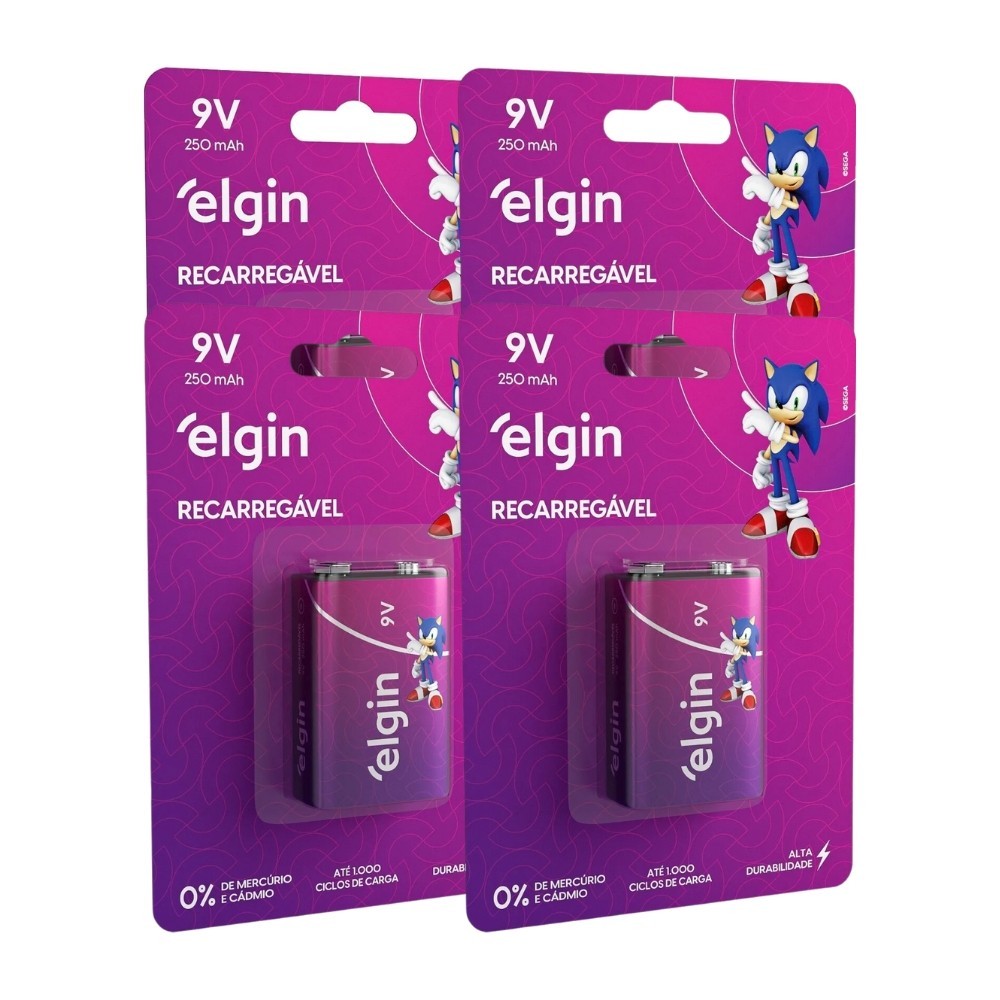 Baterias 9V Recarreg?veis Elgin - Kit 4 1 4 Baterias Recarregável 250mah 9v Sensor Brinquedo Elgin