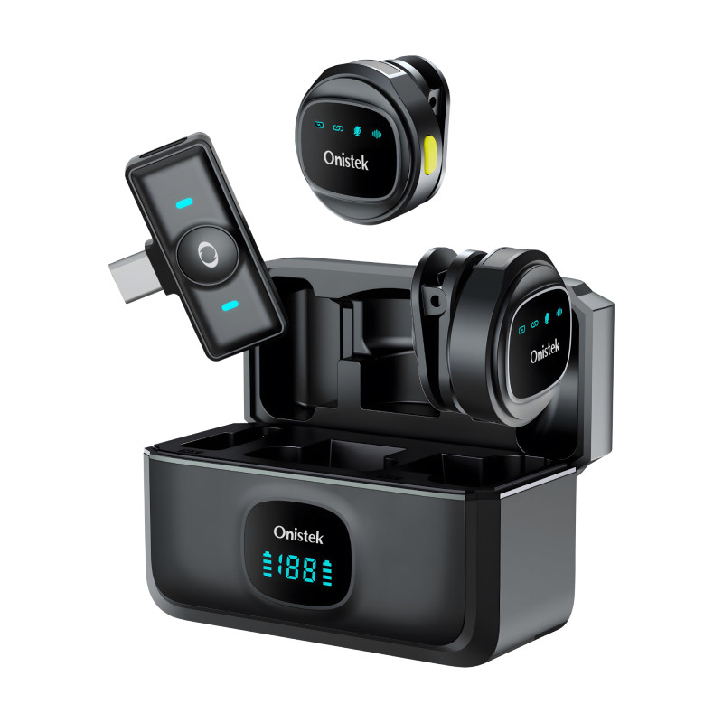 Kit 2 Microfones Bluetooth 25m Onistek 1 Kit 2 Microfones Sem Fio Onistek ON-MC827 Bluetooth 5.2