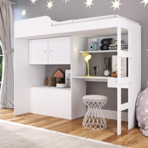 Cama de Solteiro Alta Baú Armário Escrivaninha Quarto Multifuncional Estação de Trabalho
