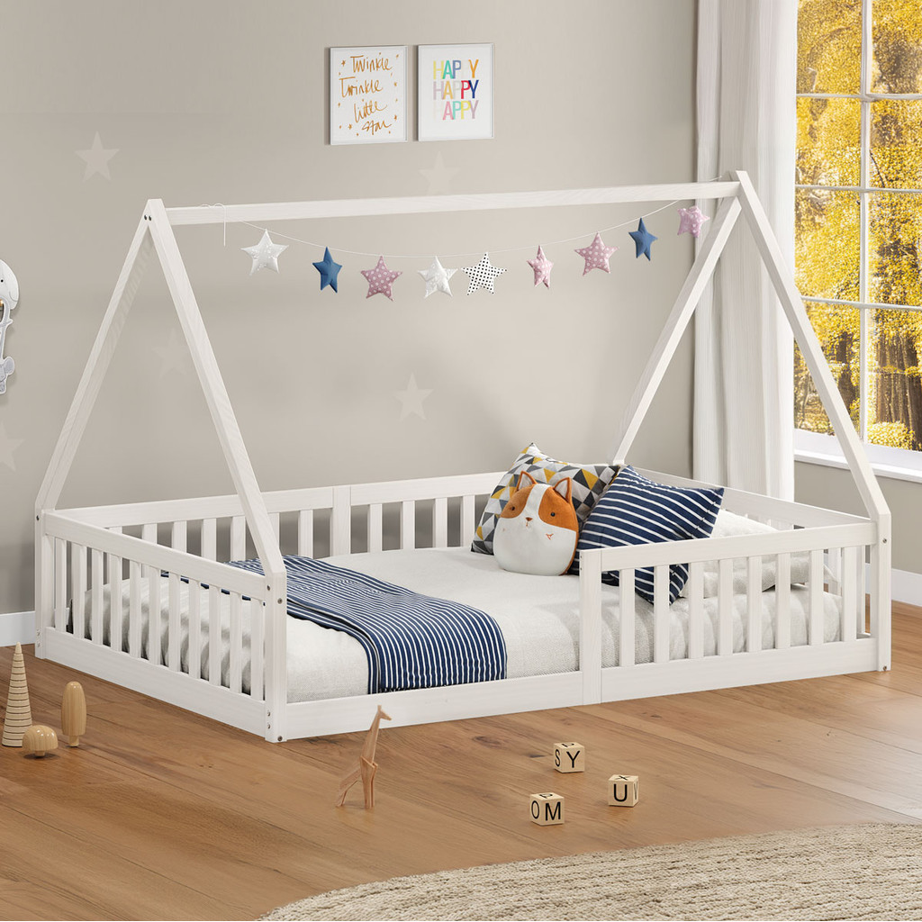 Cama Infantil Montessori Vi?va Stella Madeira Maci?a Branca 1 Cama Viúva Infantil Montessori Branco Madeira Casa com Estrado Stella