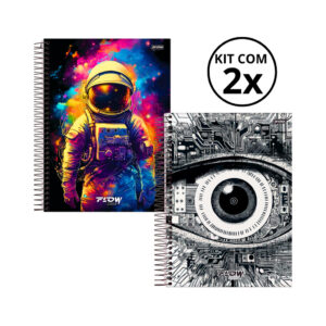 Kit 02 Cadernos Universitário 20 Matérias 320 Folhas Flow - Jandaia CAPA:Olho/Astronauta