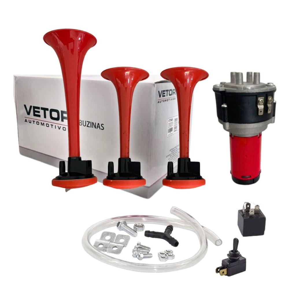 Buzina a Ar Elétrica 3 Cornetas 12V com Compressor Universal 1 Buzina a Ar Elétrica 3 Cornetas 12V Com Compressor Completa