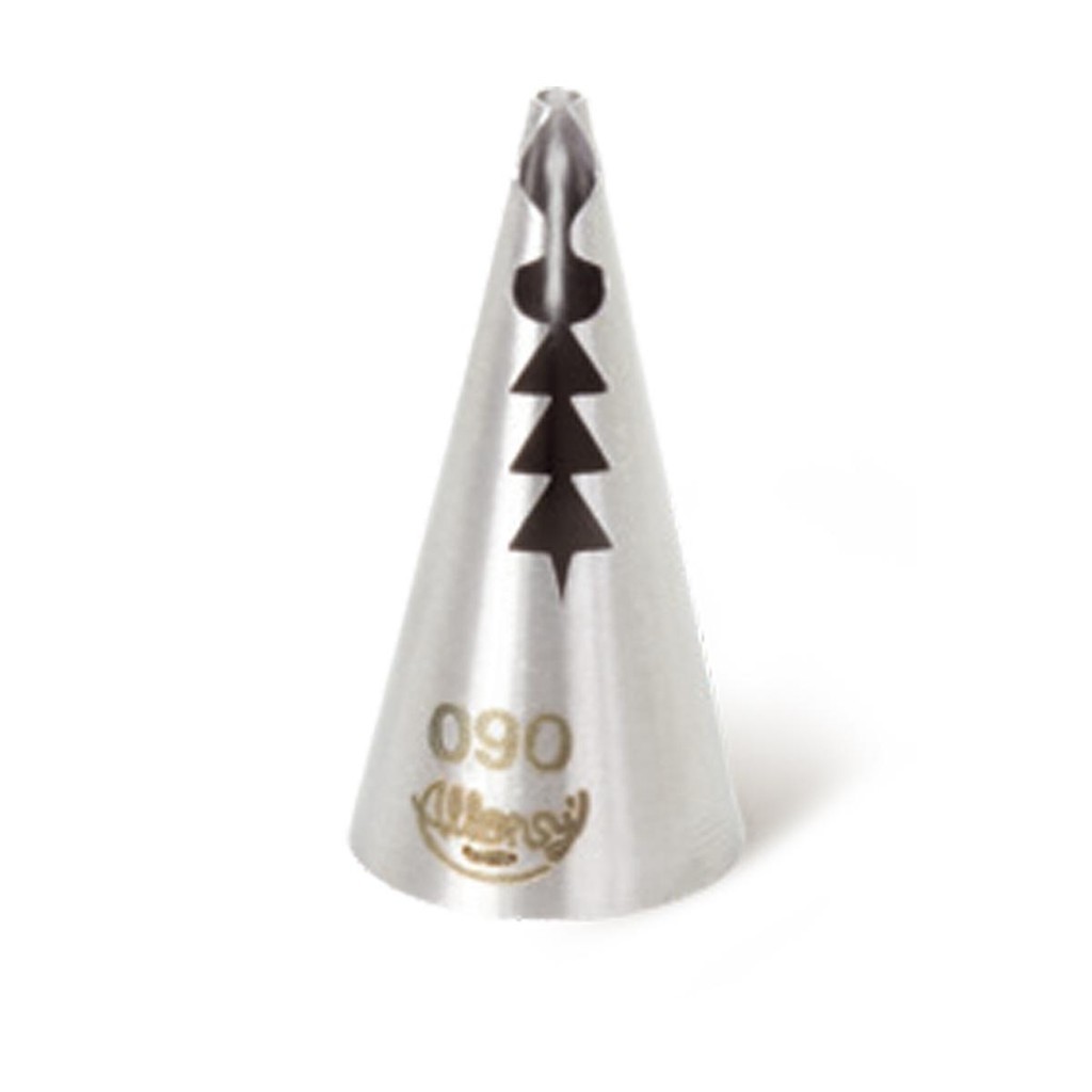 Bico para Confeitar Babado com Acabamento N°90 em Aço Inox para fazer texturas 1Un 1 Bico para Confeitar Babado N°90 em Aço Inox, mostrando o formato estreito e chanfrado ideal para criar efeitos de babado e texturas em glacê ou chantilly. A imagem destaca o material metálico brilhante e a ponta precisa do bico.