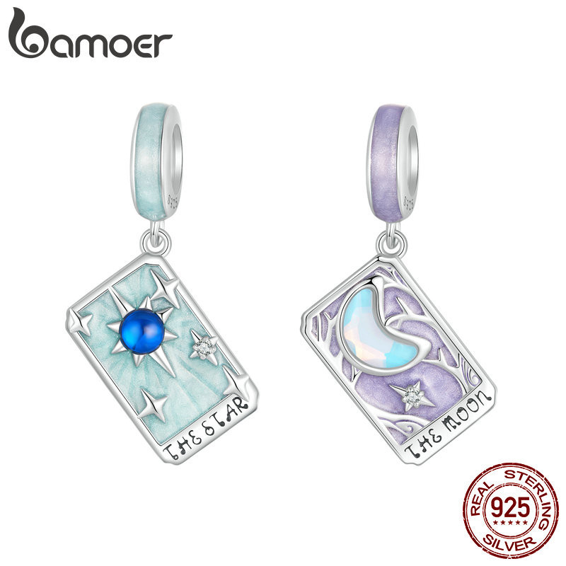 Pingente de Prata 925 Bamoer Estrela e Lua Tar? para Pulseira 1 Bamoer 925 Sterling Sliver Charm Star Moon Carta De Tarô Estrela Da Lua Pingente Para Pulseira