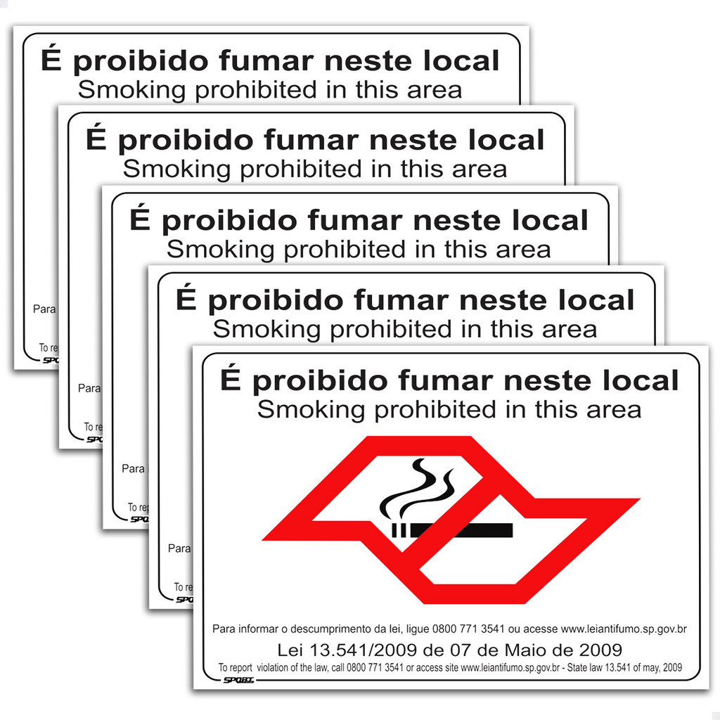Kit 5 Placas Proibido Fumar 20x15cm Sinalização Profissional 1 5 Placas É Proibido Fumar Neste Local Lei Sinalização 20x15