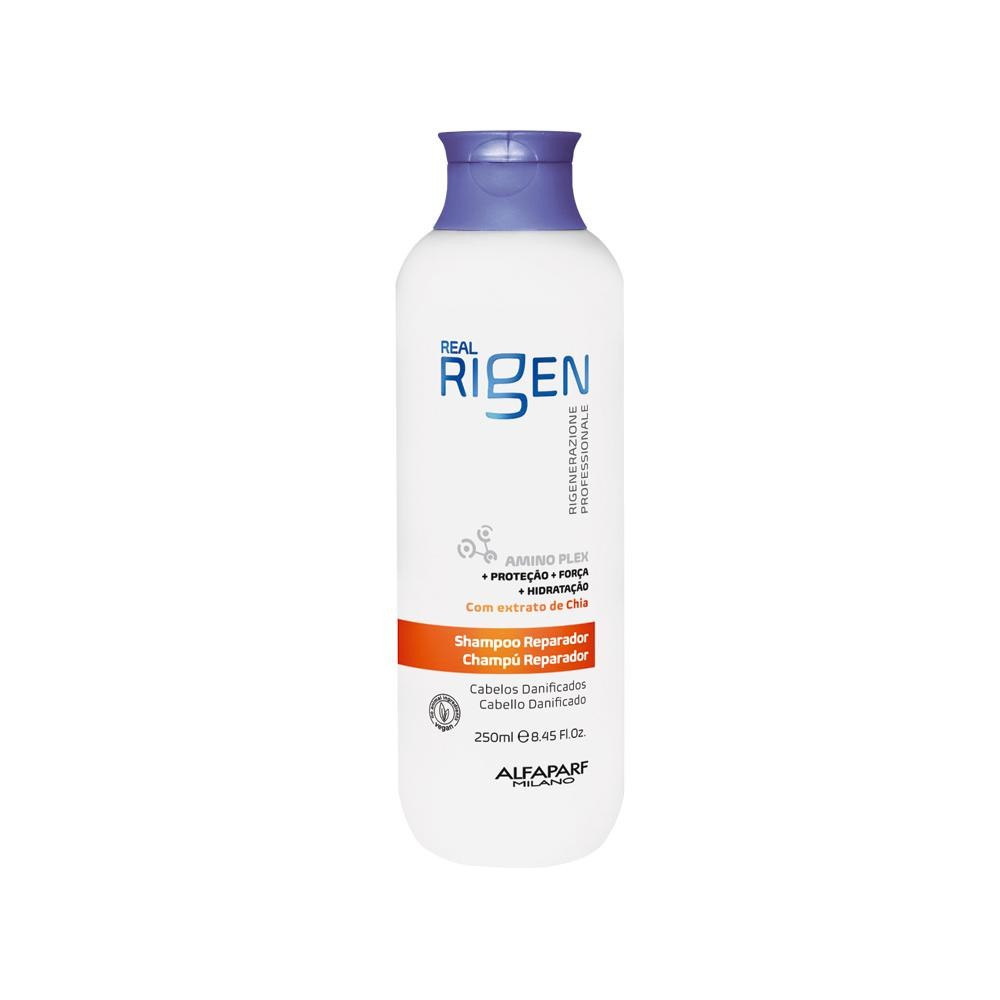 Alfaparf Real Rigen Reparador Shampoo 250ml 1 Frasco branco e azul do Alfaparf Real Rigen Reparador Shampoo 250ml, com a logo Alfaparf Milano e o nome do produto em destaque, posicionado em um fundo neutro.