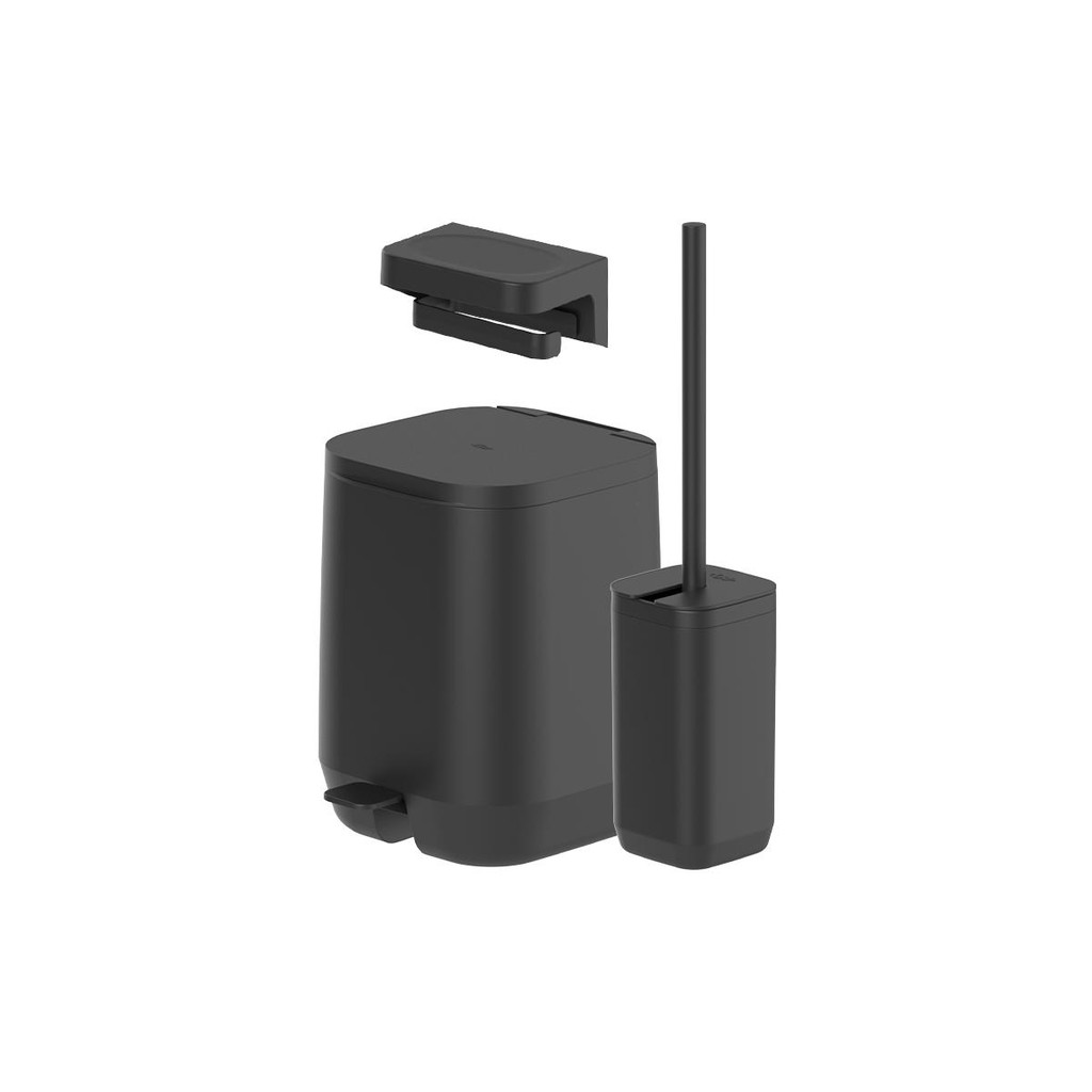 Kit Banheiro 3 Pe?as Linha Aura com Lixeira de Pedal - Preto 1 Kit de banheiro com lixeira de pedal Ou 3 peças Linha Aura - Preto