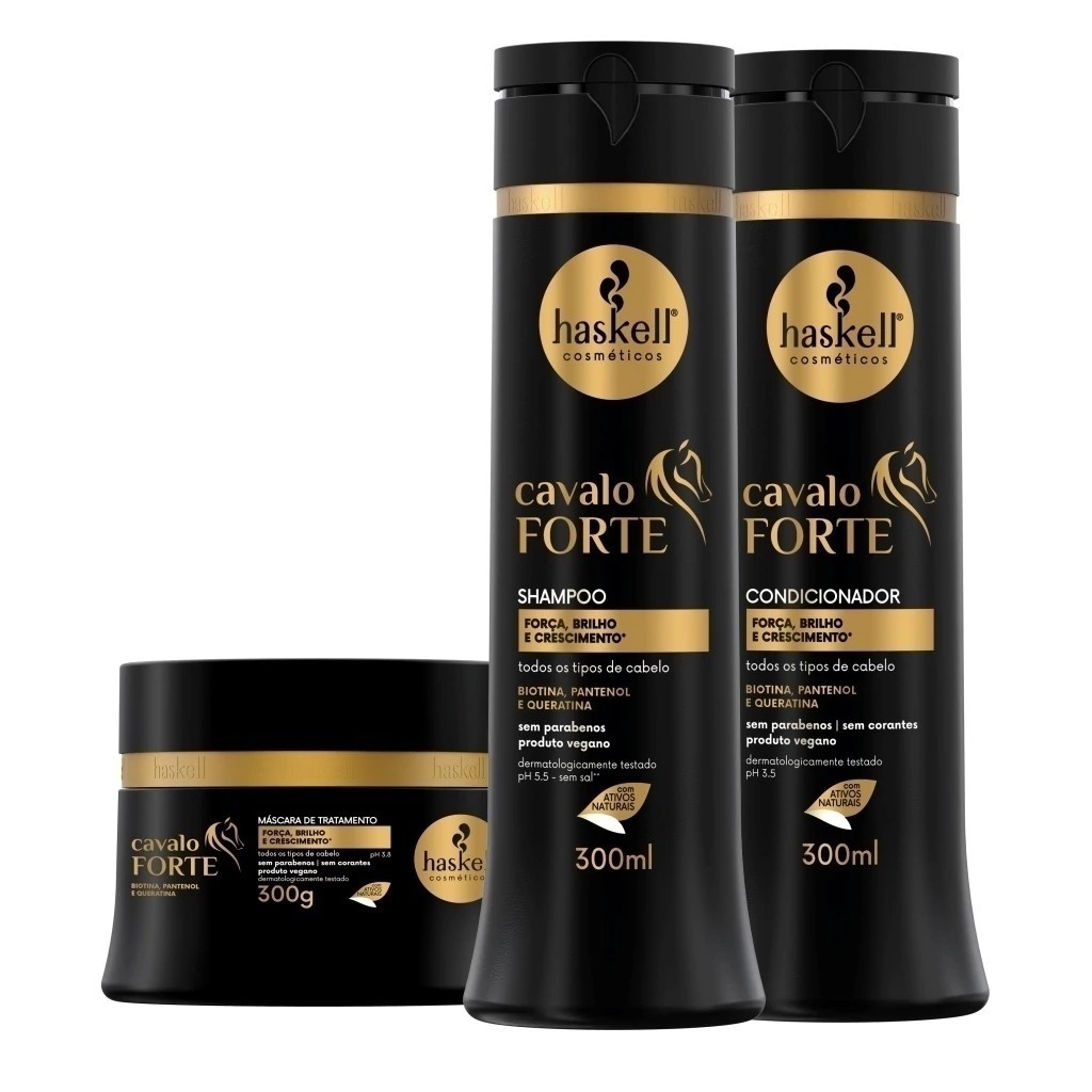 Kit Cavalo Forte: Crescimento e Brilho Imbatíveis 1 Kit Cavalo Forte Shampoo, Condicionador e Máscara 300ml