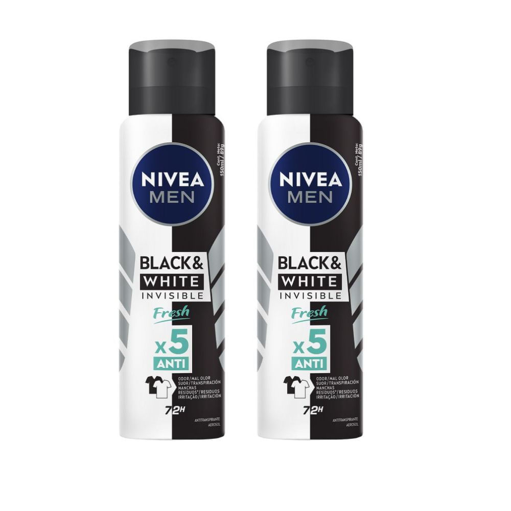 Desodorante NIVEA Men Invisible Black & 1 Kit 2 Desodorante Antitranspirante Aerosol Nivea Men Invisible Black & White Fresh 150ml