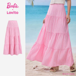 Barbie X Lovito Saias Boho Babado Bainha Primavera/verão Saias Rosa para Mulheres LB1AD027