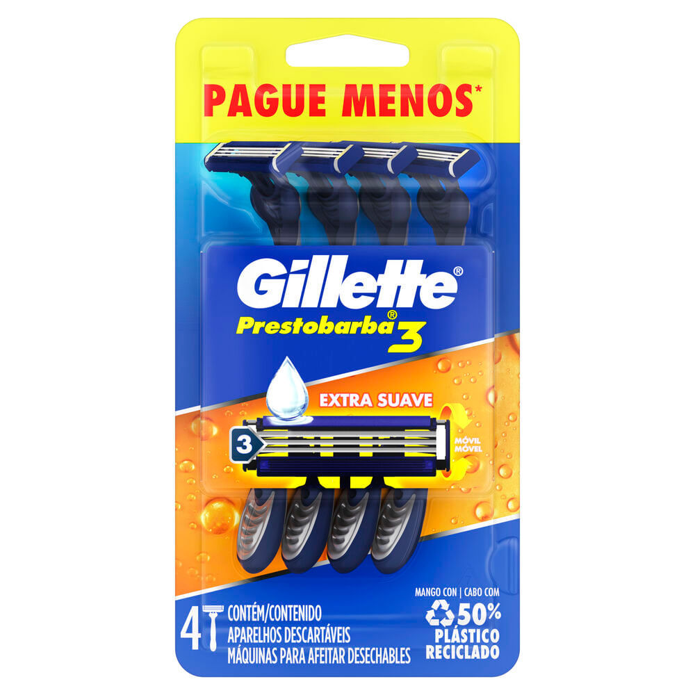 Gillette Prestobarba3 - Leve 4 Pague 3 | Barbear Descart?vel 1 Aparelho de Barbear Descartável Gillette Prestobarba3 Leve 4 Pague 3