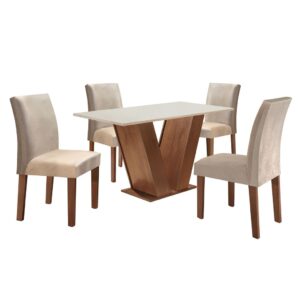 Conjunto Sala de Jantar Mesa Tampo Mdf 4 Cadeiras Espanha Yescasa Chocolate/Off White/Suede Bege