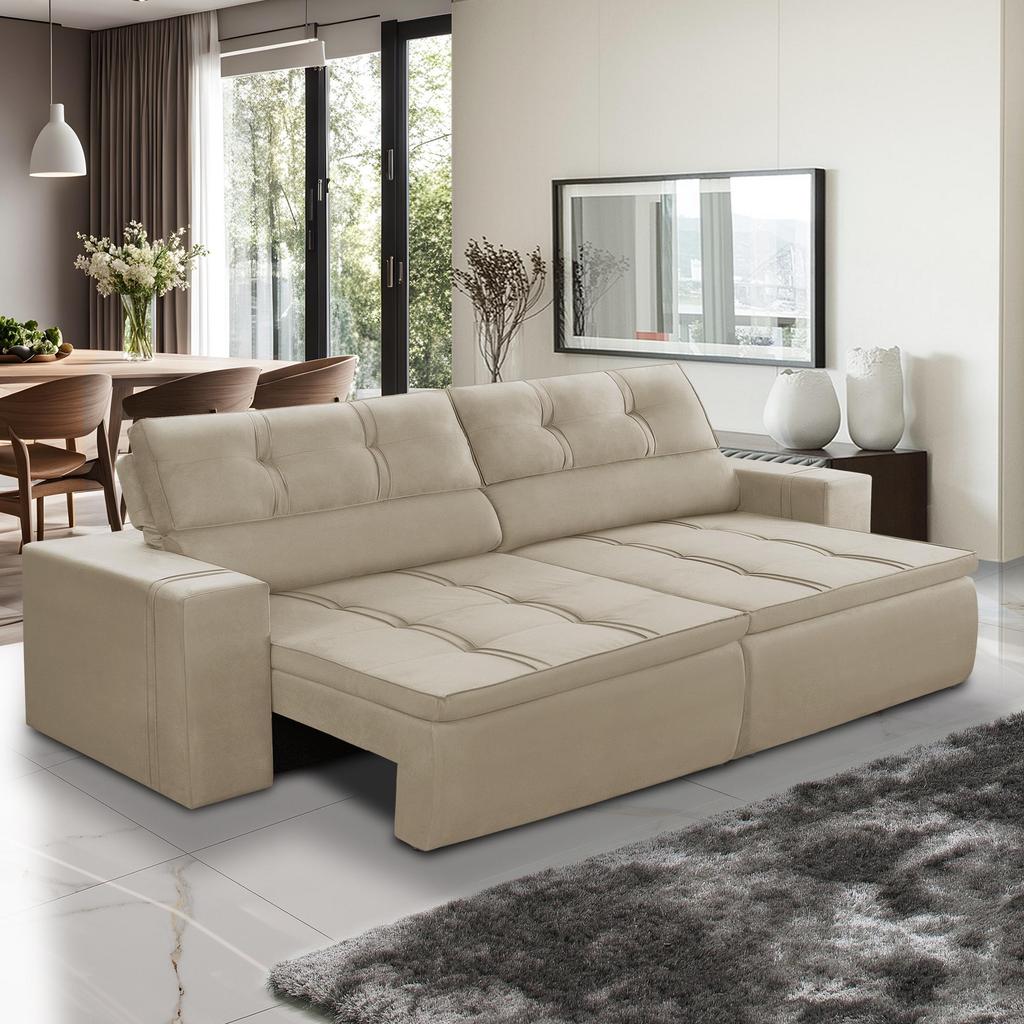 Sof? Retr?til e Reclin?vel 3 Lugares Stella Suede Bege 1,90m 1 Sofá Retrátil e Reclinável 3 lugares 1,90m com Molas Stella Suede Bege Adonai Estofados