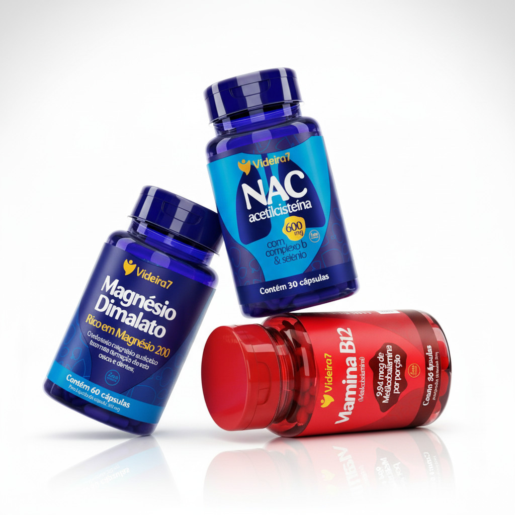 Kit NAC + Magn?sio + Vitamina B12 | 600mg + Metilcobalamina 1 Kit NAC + MAGNÉSIO + VITAMINA B12 | NAC N Acetil Cisteina N-Acetilcisteína 600mg e Metilcobalamina Magnésio Dimalato