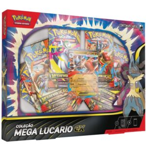 BOX POKÉMON COLEÇÃO MEGA LUCARIO EX COPAG MEGAEVOLUÇÃO ME02 TCG BOOSTER FOGO FANTASMAGÓRICO EVOLUÇÃO