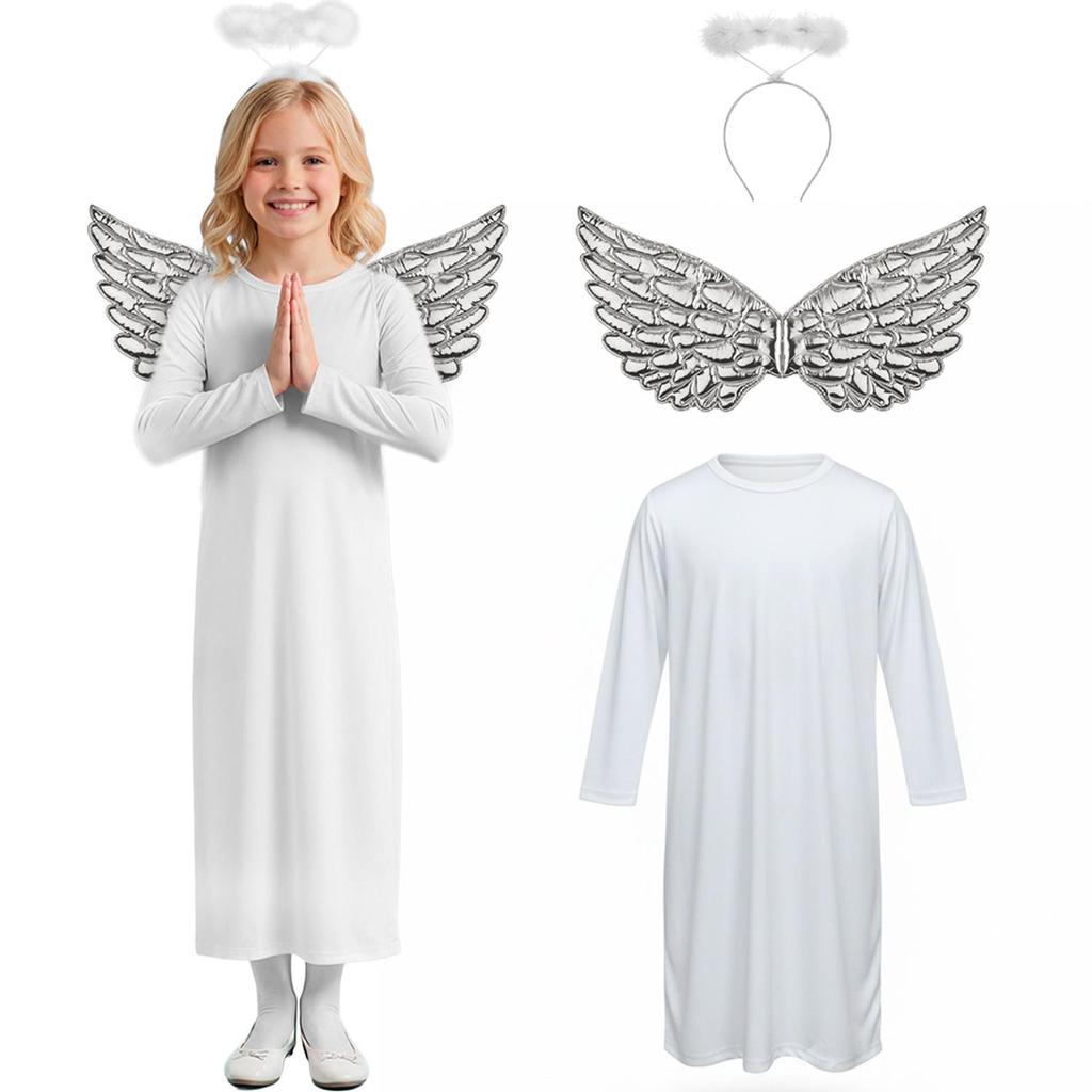 Fantasia de Anjo Infantil Unissex - Kit Completo 1 Fantasia de Anjo Infantil Unissex com Túnica Auréola e Asa 2 a 16 anos