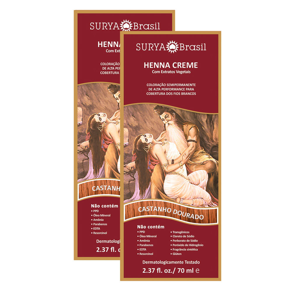 Henna Creme Surya Brasil Castanho Dourado - Cobertura Semipermanente Natural 1 Kit 2 Henna Creme Surya Brasil Castanho Dourado Kit