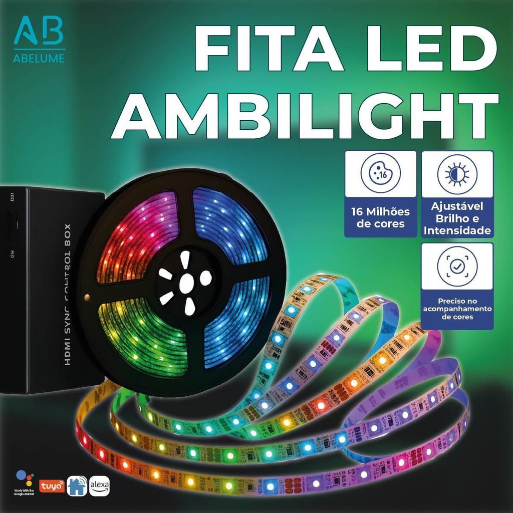 Kit Fita LED Ambilight GMART para Smart TV 55 a 65 Polegadas 1 Kit Fita Led Ambilight TV Wi-Fi GMART para Smart de 55 a 65 Polegadas Luz RGB Automação Alexa Tuya