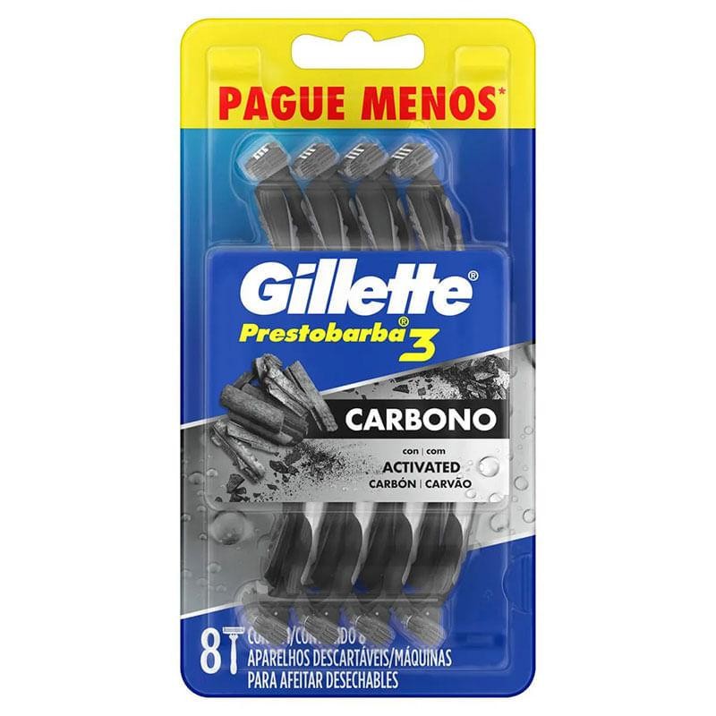 Gillette Prestobarba 3 Carbono - Barbear Rente 1 Aparelho de Barbear Gillette Prestobarba 3 Carbono Ativado 8 Unidades