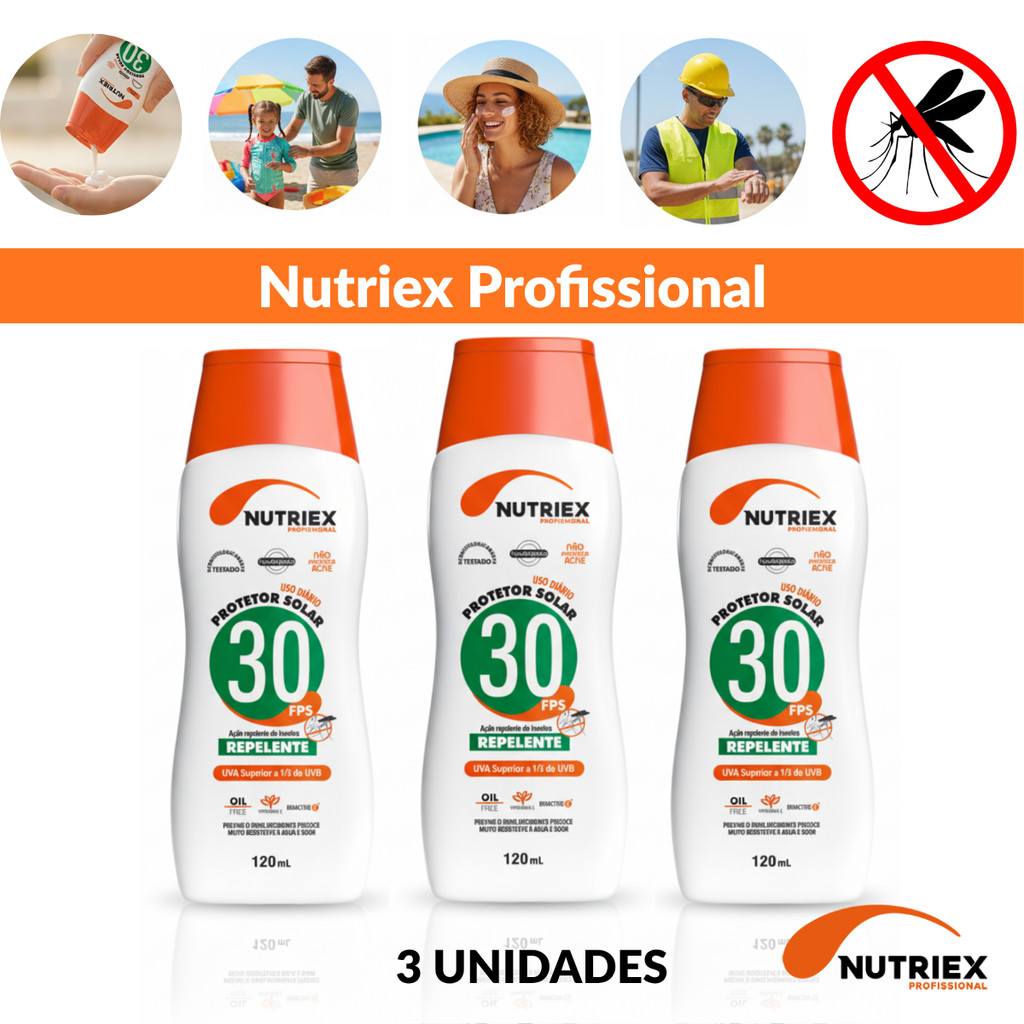 Kit 3 Protetor Solar Nutriex FPS 30 com Repelente 120ml 1 Kit 3 Protetor Solar Nutriex Fps 30 Repelente 120ml Oil Free Hipoalergênico Absorção Rápida