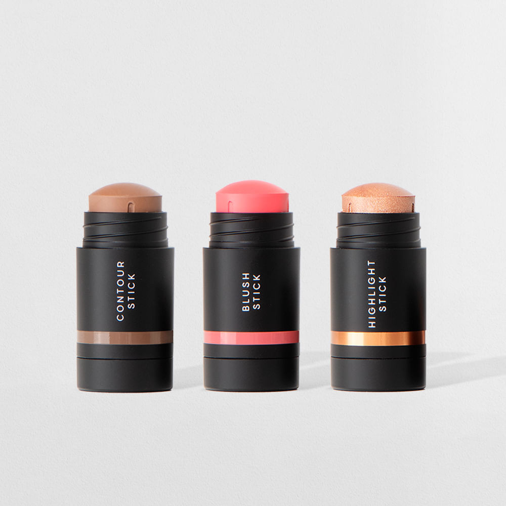 Kit Mini Contorno, Blush e Iluminador - Maquiagem Completa e F?cil 1 Kit Mini Contorno Bastão Marrom Médio+Mini Blush Bastão Rosa Claro + Mini Iluminador Bastão Océane Edition (3 Produtos)