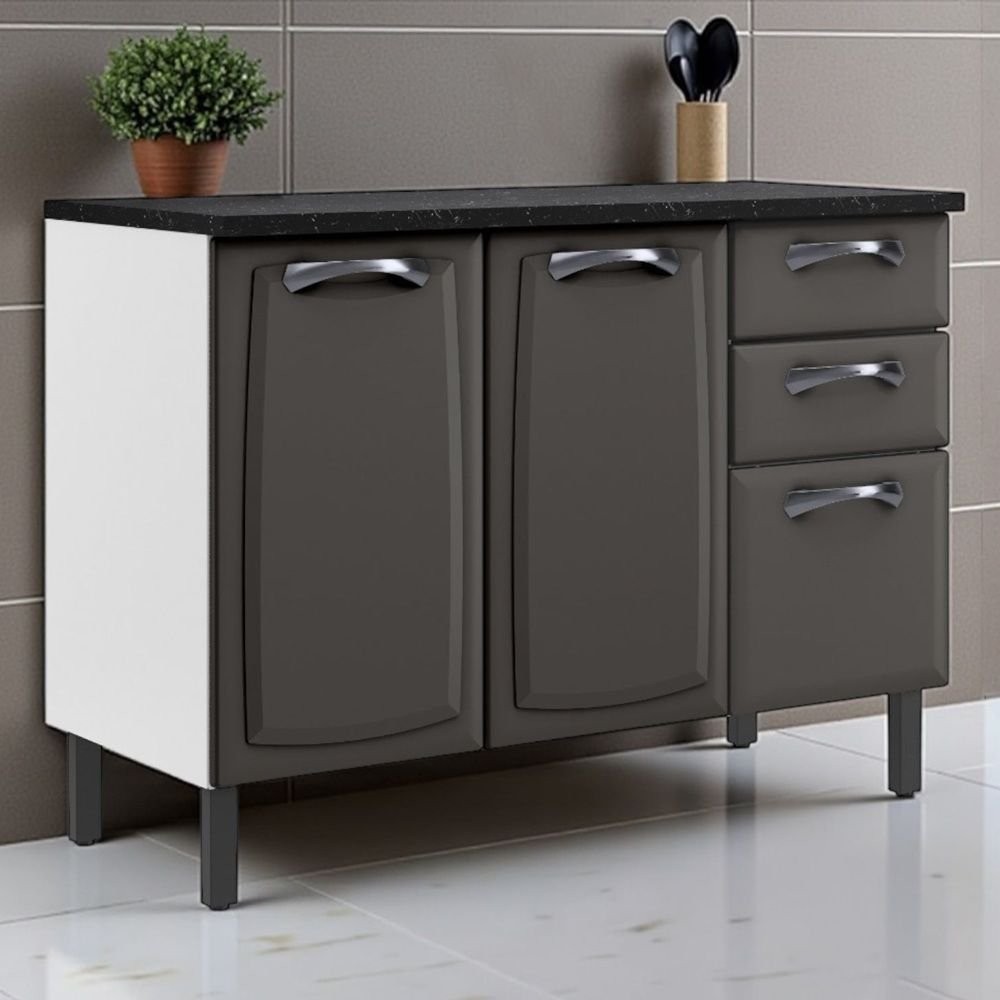 Balc?o de Cozinha Itatiaia New Premium A?o 120cm 3 Portas 2 Gavetas 1 Balcão Cozinha em Aço 3 Portas e 2 Gavetas 120cm com Tampo New Premium Itatiaia Grafite/Branco