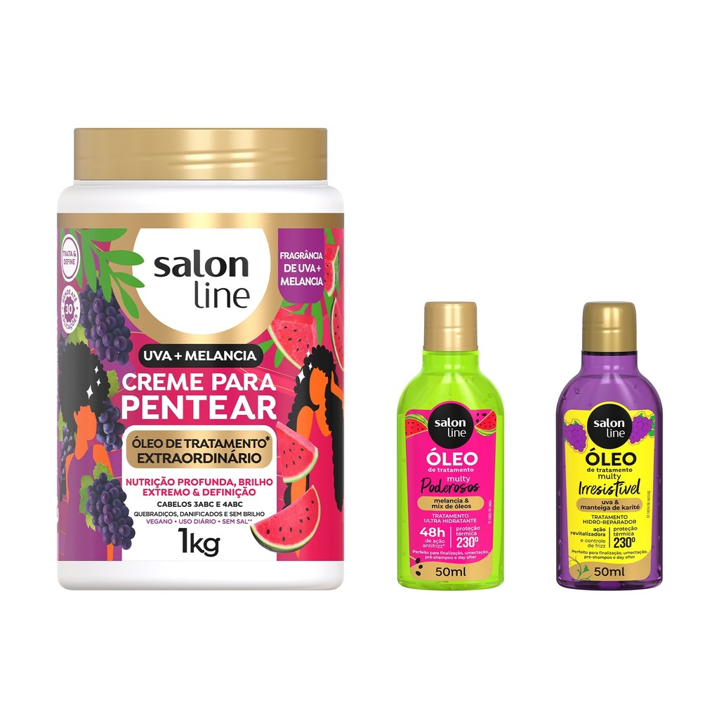 Kit Hidrata??o Cabelos Ondulados/Cacheados 1 Kit Mix de Melancia e Uva com Creme para Pentear e 2 Óleos Reparador