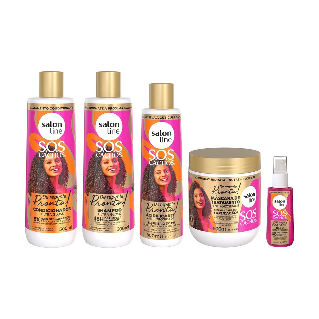 Kit SOS Cachos De Repente Pronta: Tratamento Antiporosidade 1 Kit Shampoo + Condicionador + Máscara Antiporosidade + Óleo Reparador e Acidificante SOS Cachos De Repente Pronta!