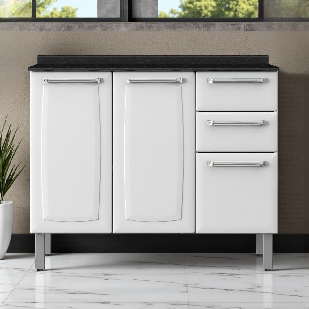 Balc?o Cozinha Itatiaia Luce Branco 105cm - A?o e MDP 1 Balcão Cozinha em Aço 3 Portas 2 Gavetas 105cm com Tampo Luce Itatiaia Branco