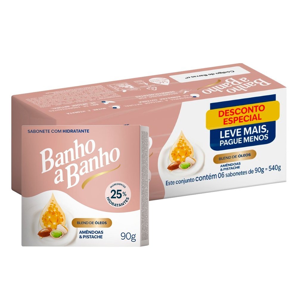 Sabonete Hidratante Am?ndoas e Pistache - 6 Unidades 1 Sabonete Hidratante Banho a Banho Amêndoas e Pistache 90g - Leve Mais Pague Menos - Embalagem com 6 Unidades