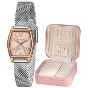 KIT RELÓGIO LINCE FEMININO QUADRADO PRATA/ROSE LQTH278L22 R2SX